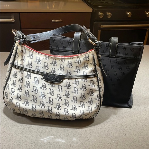 Dooney & Bourke Handbags - Dooney & Bourke Black and White Logo Shoulder Bag and black canvas tote bundle